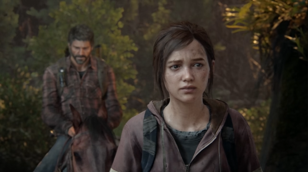 Ellie walks in forest, Joel rides horse behind, The Last of Us
