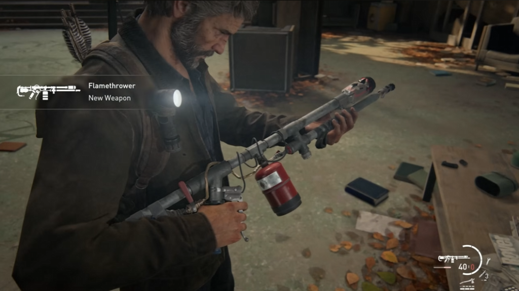 Joel from The Last of Us holding flamethrower indoors