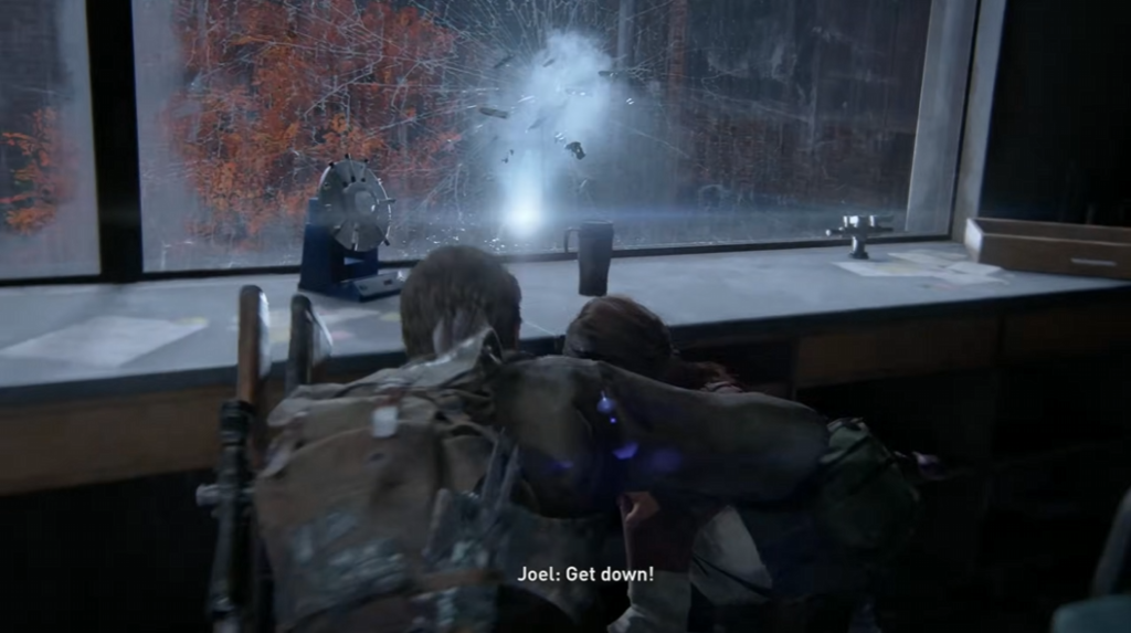Joel and Ellie duck behind counter as window shatters