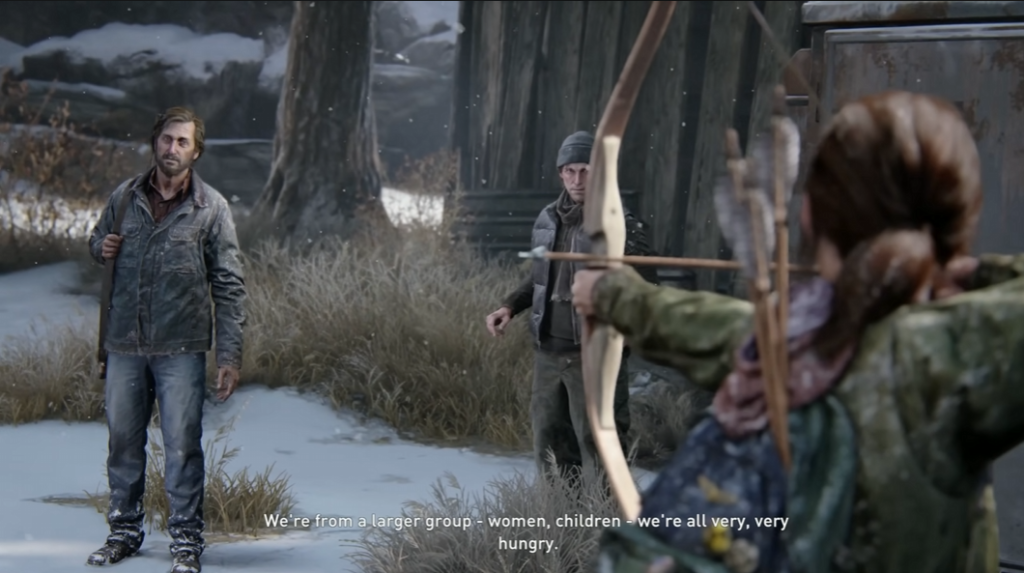Ellie aims bow at men in snowy yard, The Last of Us