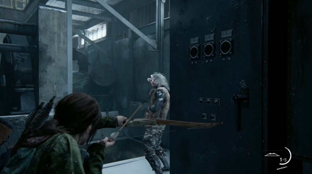 Ellie aims bow at enemy in industrial room