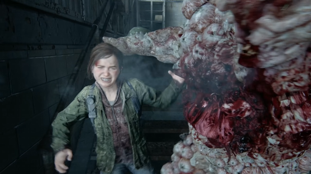 Ellie fights infected monster in stairwell, The Last of Us