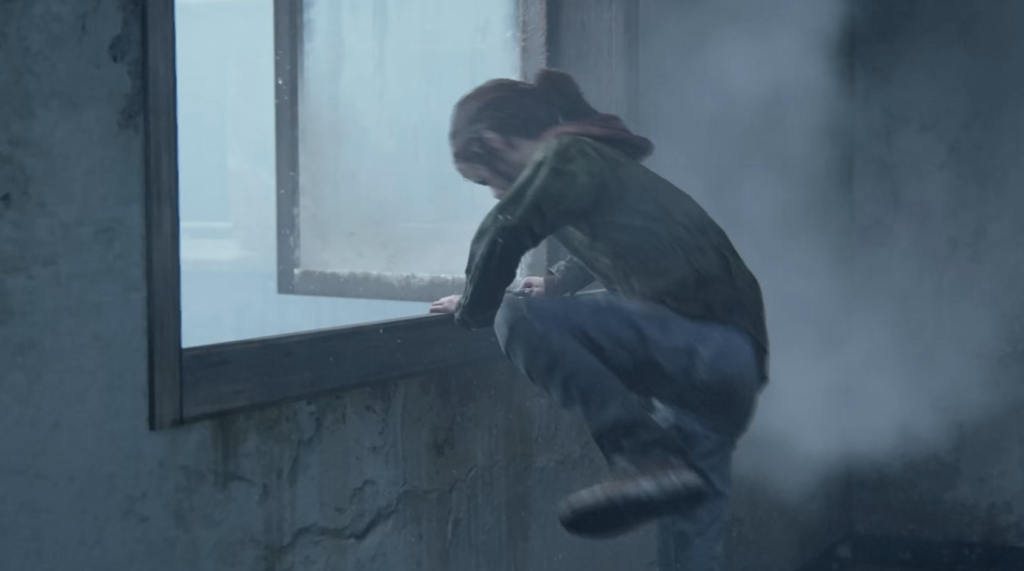 Ellie from The Last of Us climbing through window indoors