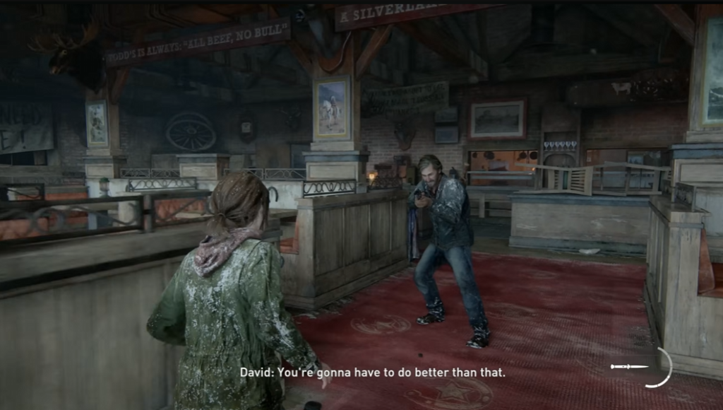 Ellie faces David aiming gun inside lodge, The Last of Us