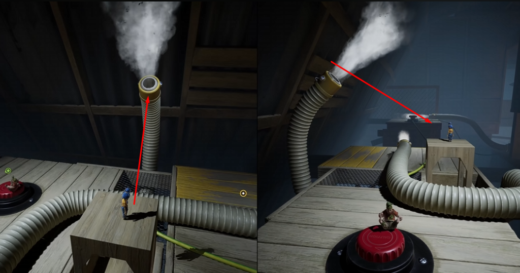 It Takes Two characters aiming steam hose in attic