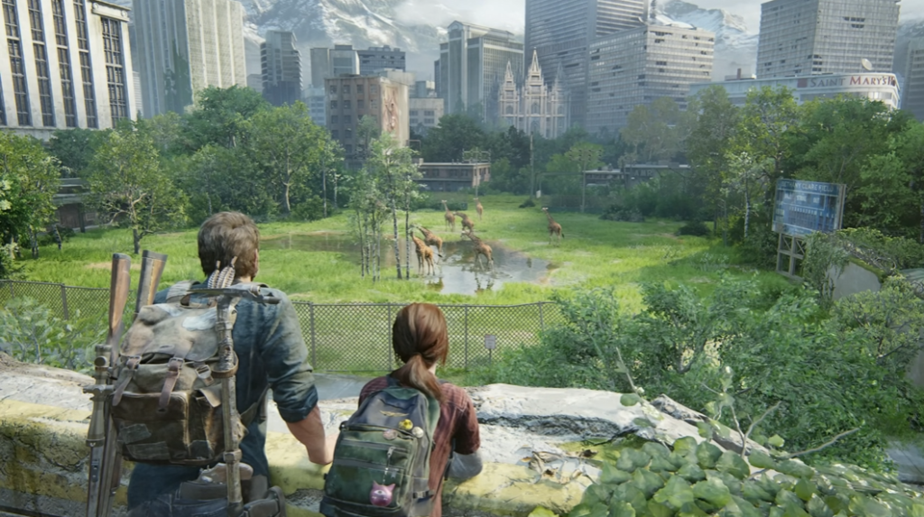 Joel and Ellie watch giraffes in city park, The Last of Us