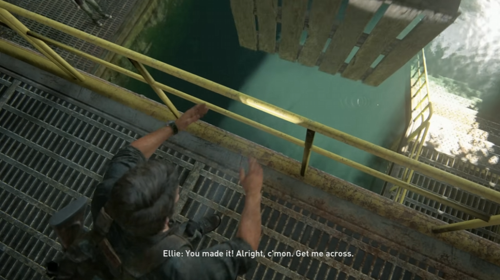 Man climbing metal stairs above water at facility