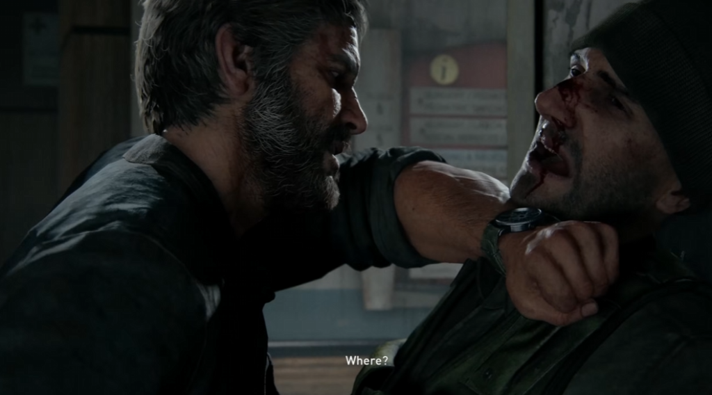 Joel choking man indoors in The Last of Us