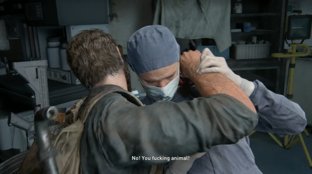 Man grappling masked surgeon in hospital room