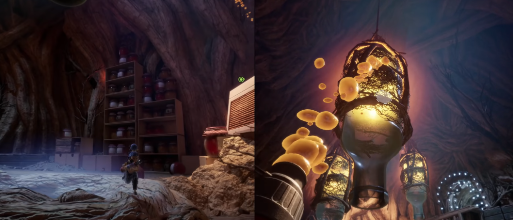 Split-screen game view inside cave with glowing lanterns