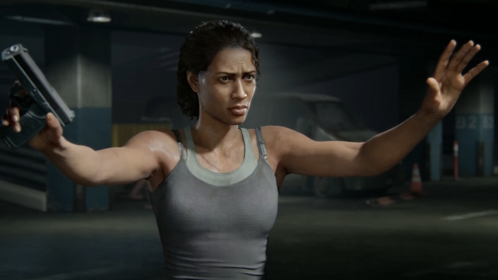 Woman aiming handgun with arms raised in parking garage