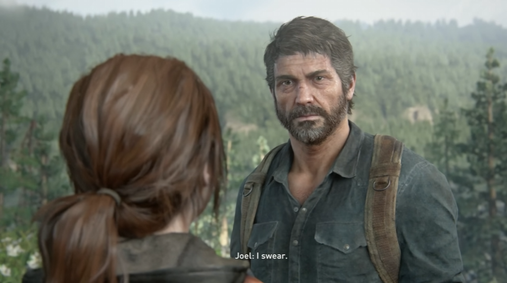 Joel talks to Ellie in forest, The Last of Us