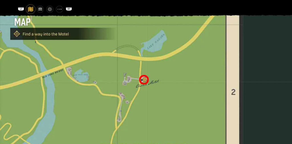 Game map showing red marker near motel location