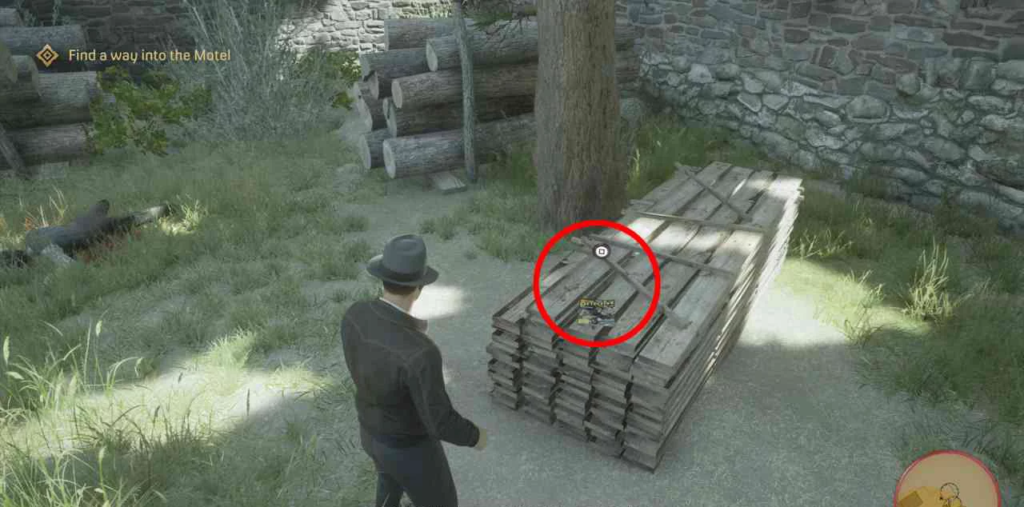 Mafia: Definitive Edition character inspects wooden planks outdoors