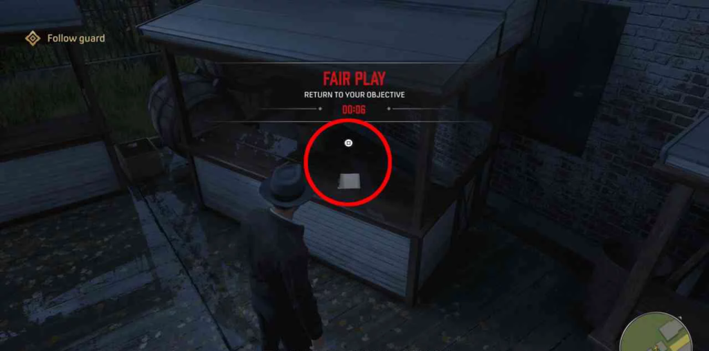 Player character hiding behind market stall in game