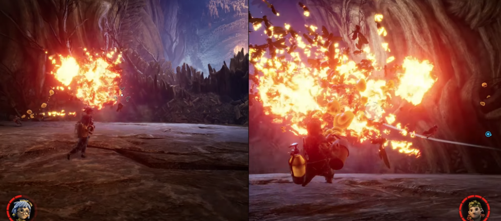 Hazelight’s It Takes Two characters dodging fire explosion in cave
