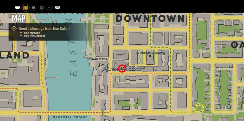 Mafia map showing objective marker in Downtown waterfront
