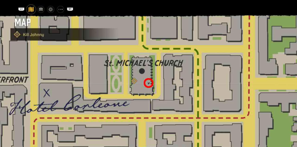 Mafia map showing objective marker at St. Michael's Church