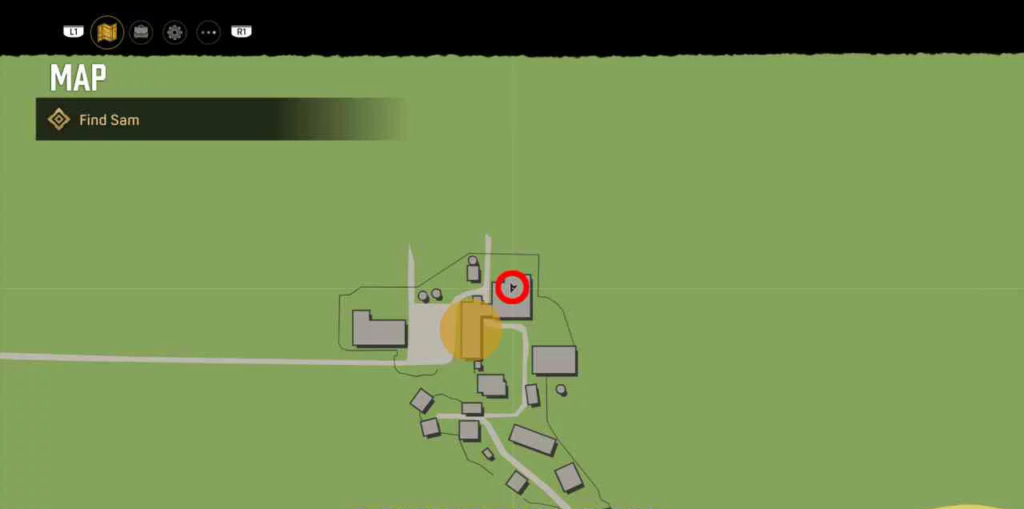 Game map showing Find Sam objective marker highlighted