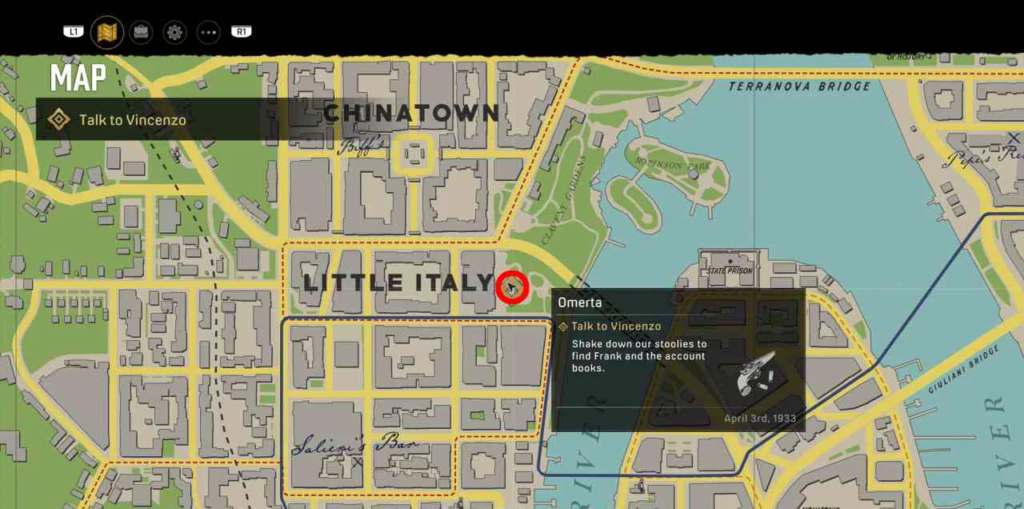 Mafia Definitive Edition map showing Little Italy mission marker