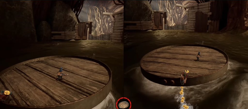 It Takes Two characters on wooden platform over water