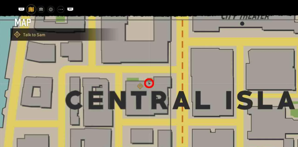 Game map showing Central Island with red marker