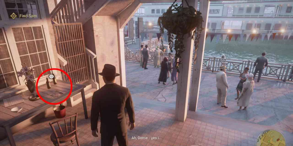 Man in black suit walking on riverside terrace