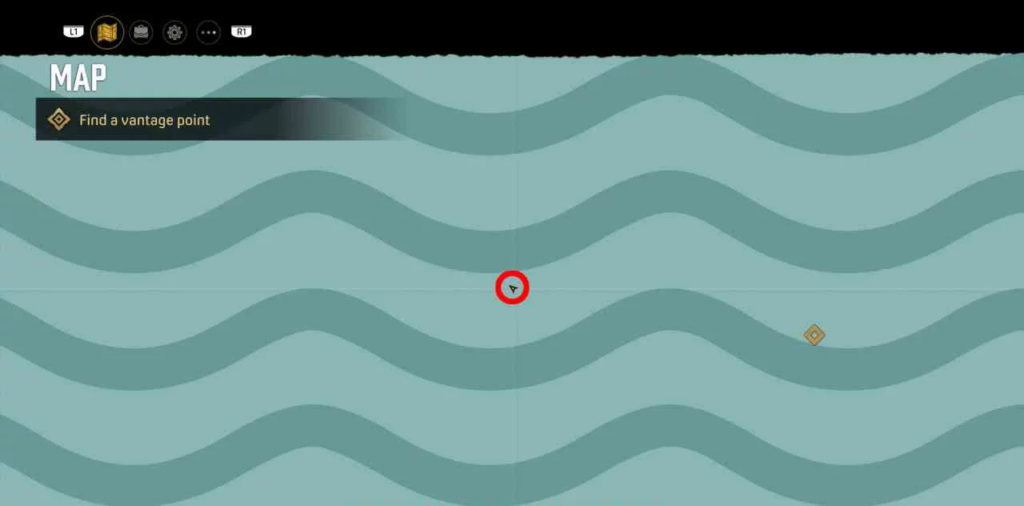 Game map showing waypoint marker on blue waves