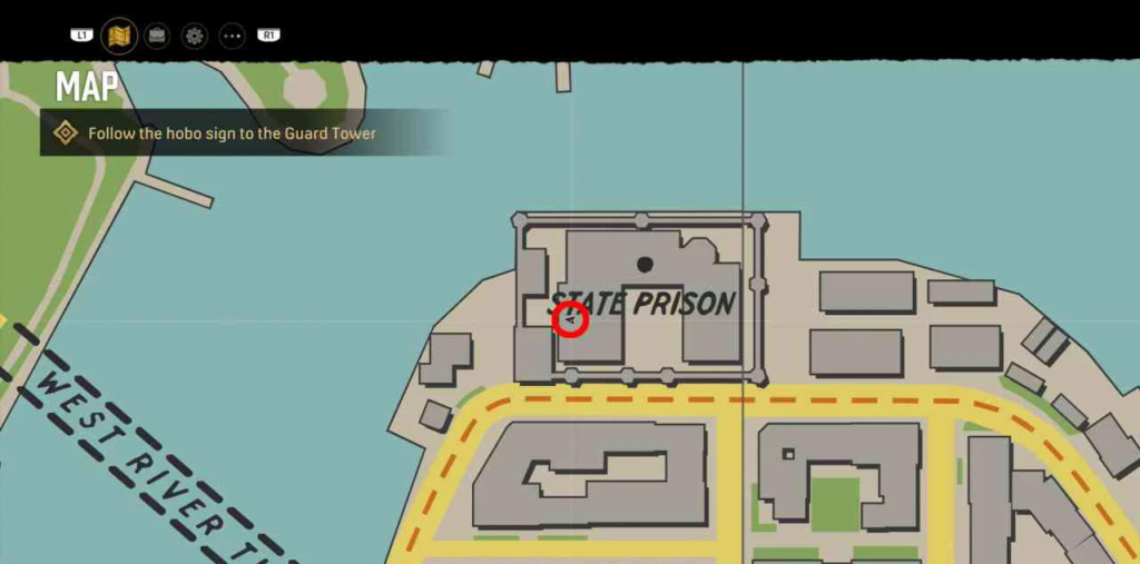Game map showing State Prison location marker near river