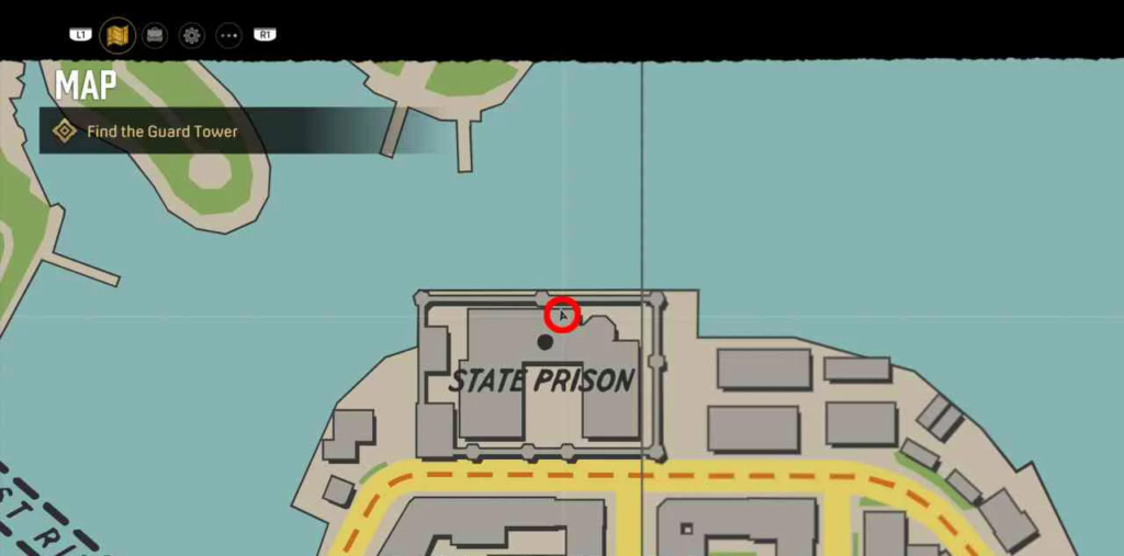 Game map showing State Prison location marker near water