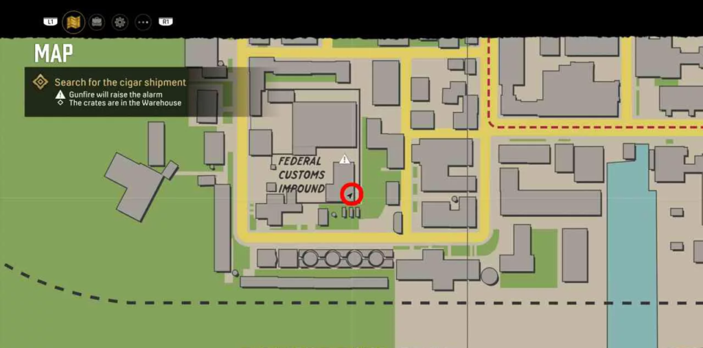 Game map showing Federal Customs Impound objective marker