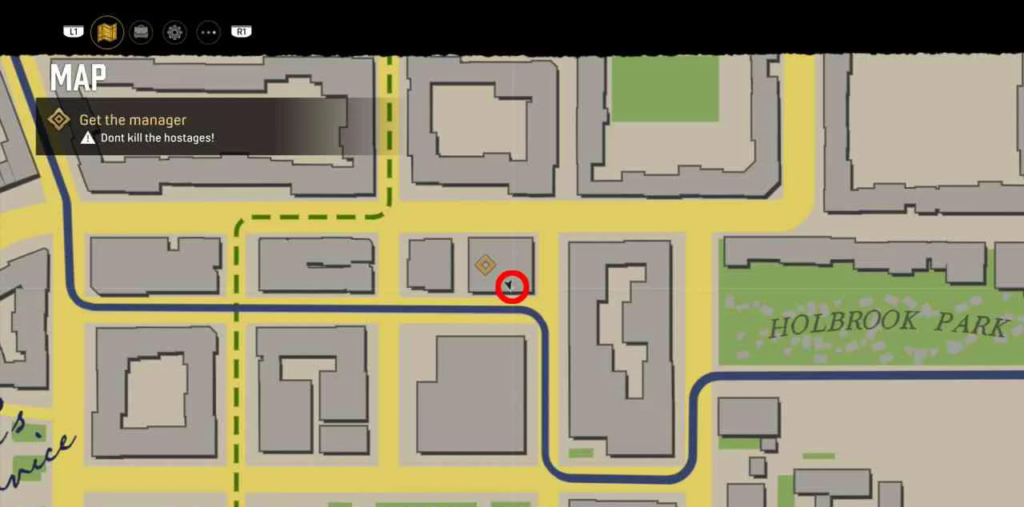 Game map showing mission marker near Holbrook Park
