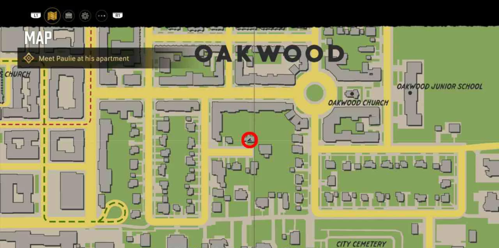 Mafia map showing Oakwood objective marker location