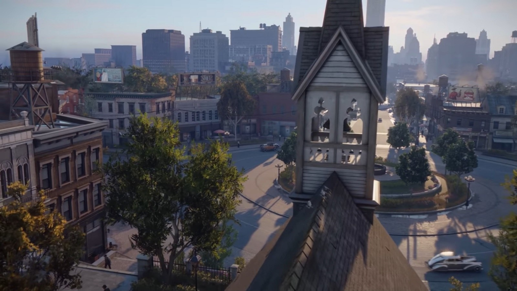 Church bell tower overlooking city street and skyline