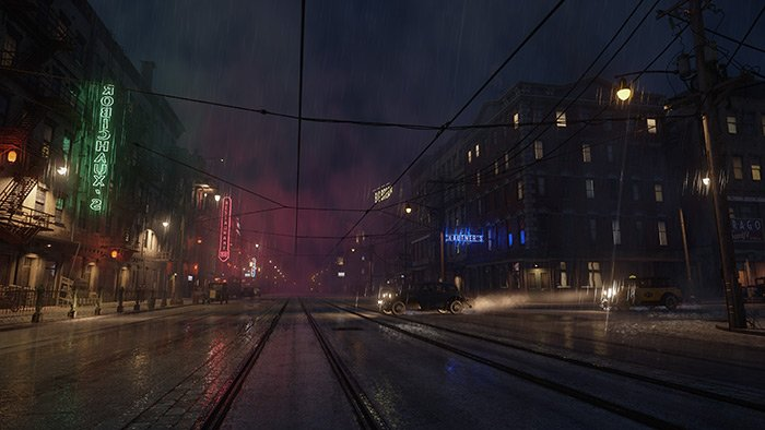 Rainy city street with tram tracks and neon signs