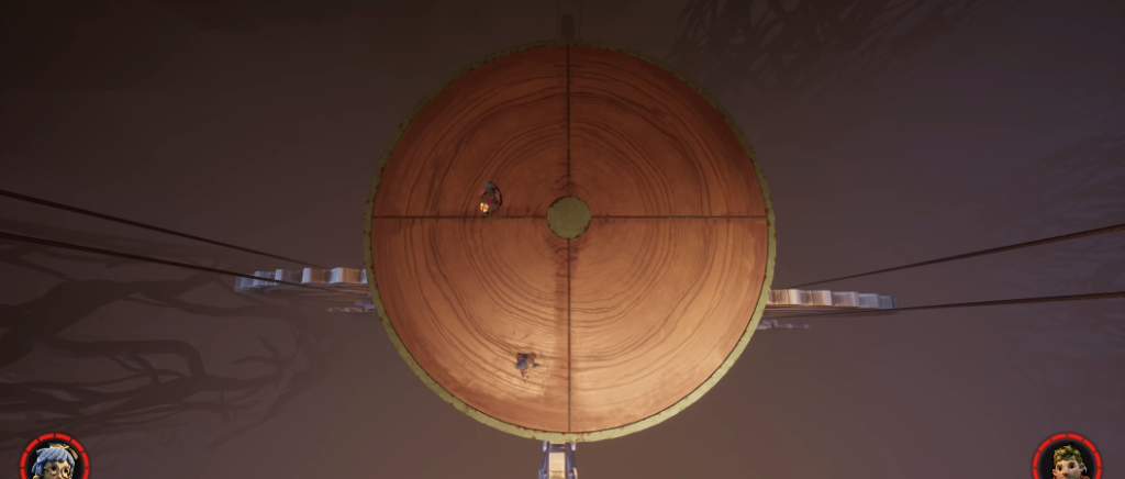 Two characters stand on circular wooden platform above water