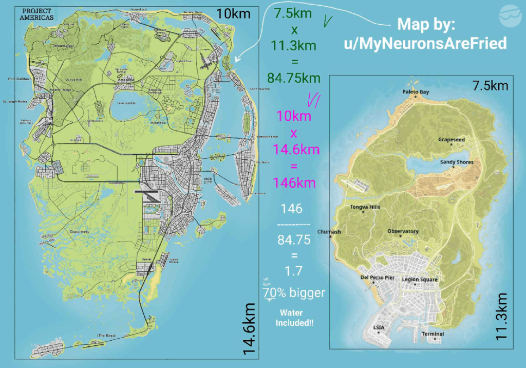 Project Americas and GTA V maps compared side-by-side