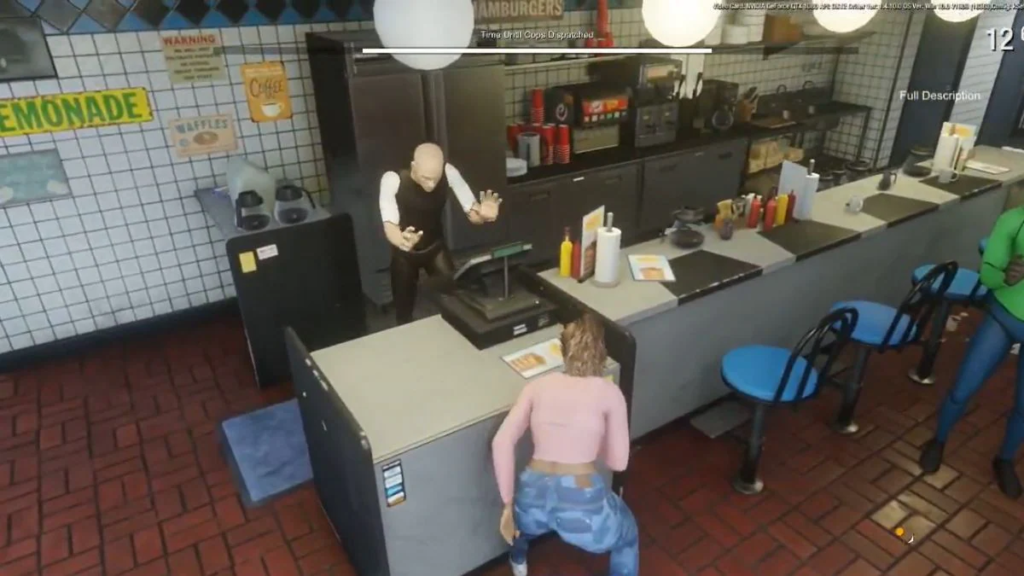 Bald cook reaching over counter in diner kitchen