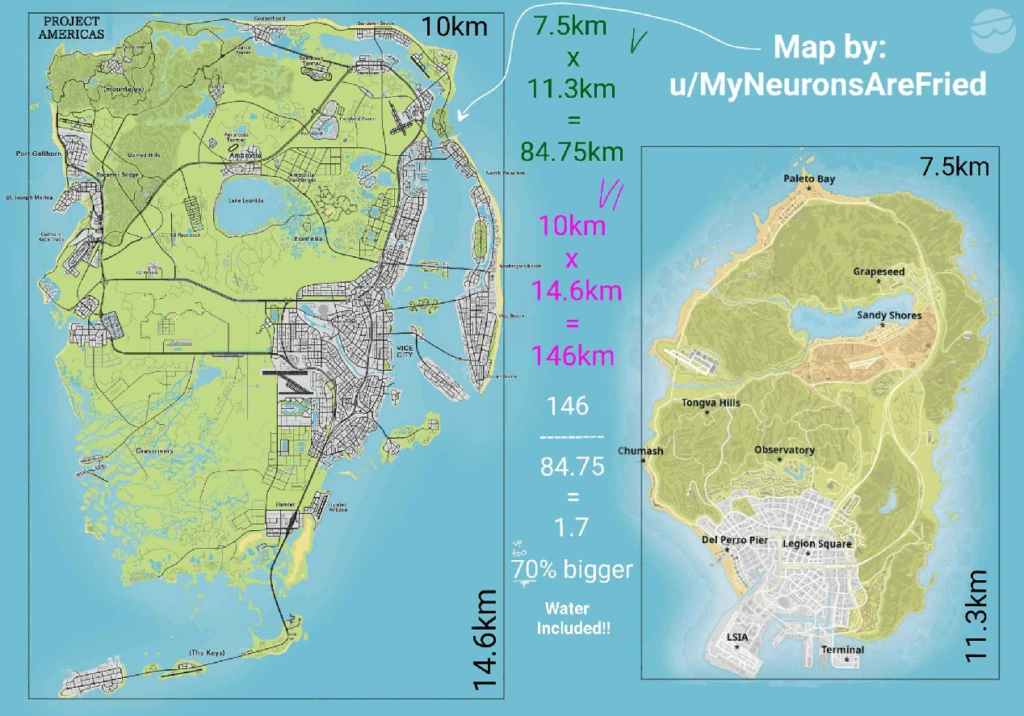 Project Americas and GTA V maps with size calculations