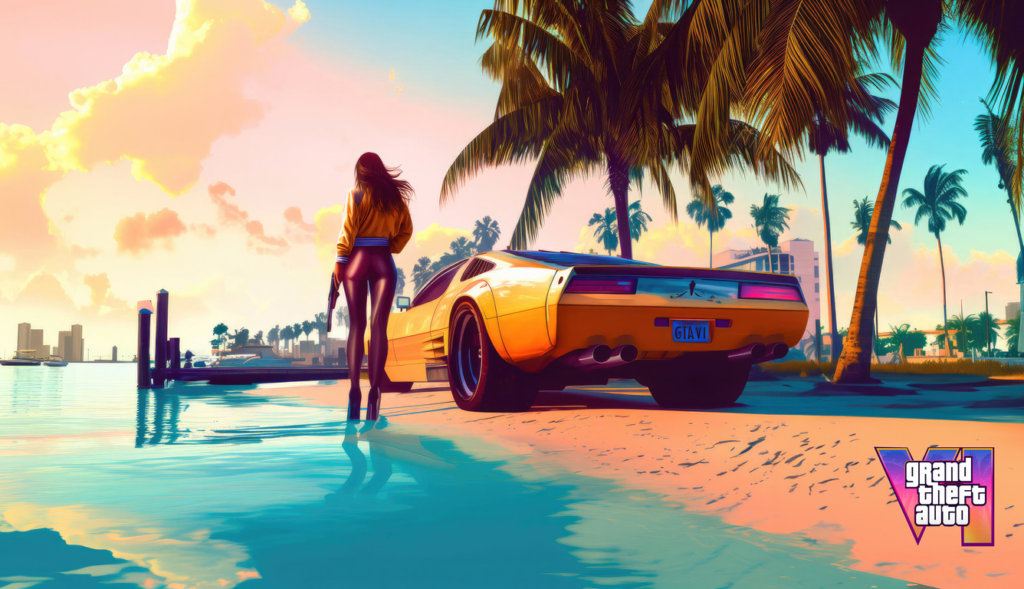 Woman stands by yellow car on beach, Grand Theft Auto VI