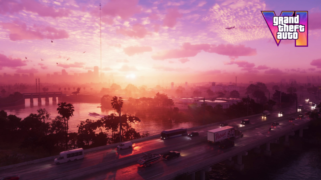 Grand Theft Auto VI logo over pink sunset cityscape