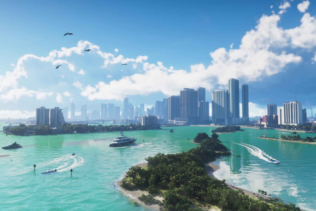 Boats cruising turquoise bay near city skyline