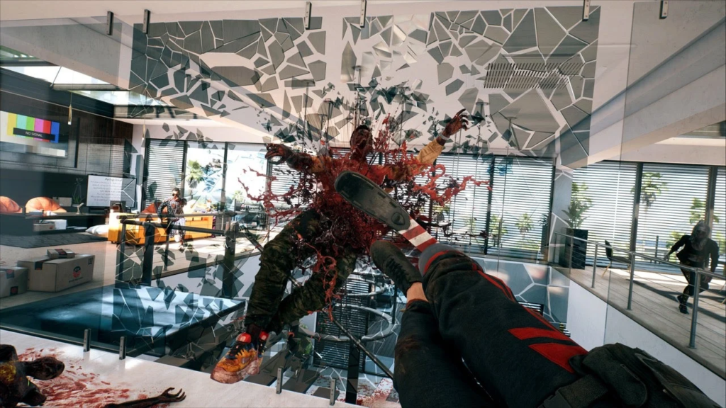 First-person shooter kicking enemy through shattered glass office
