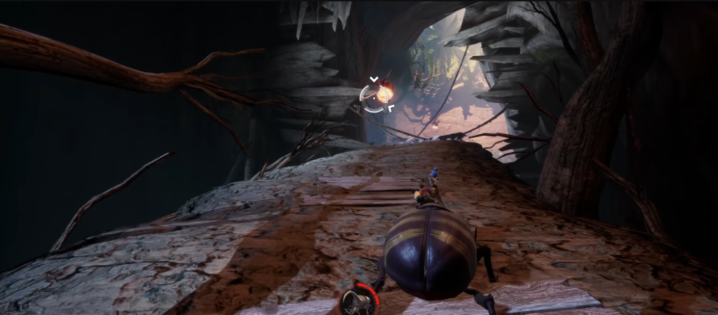 It Takes Two characters riding beetle through cave