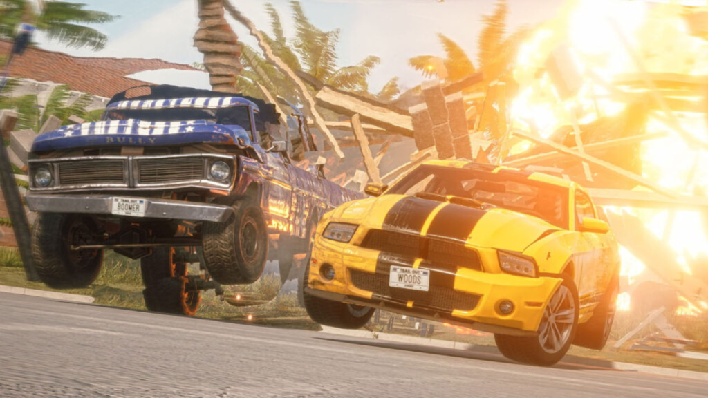 Yellow sports car and blue truck racing past explosion