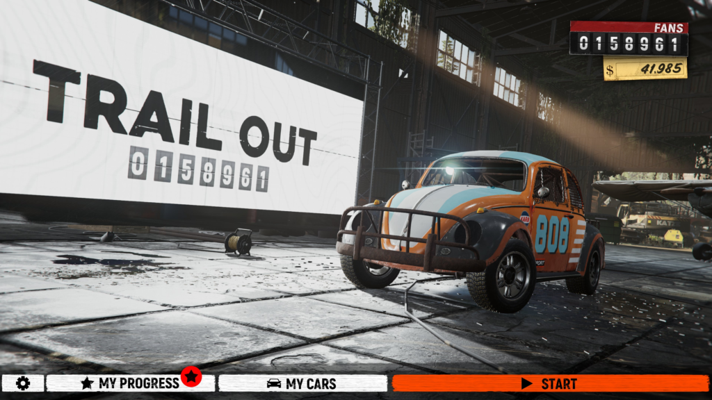 Orange and blue race car in Trail Out garage