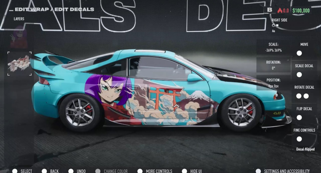 Turquoise sports car with anime decal in game editor