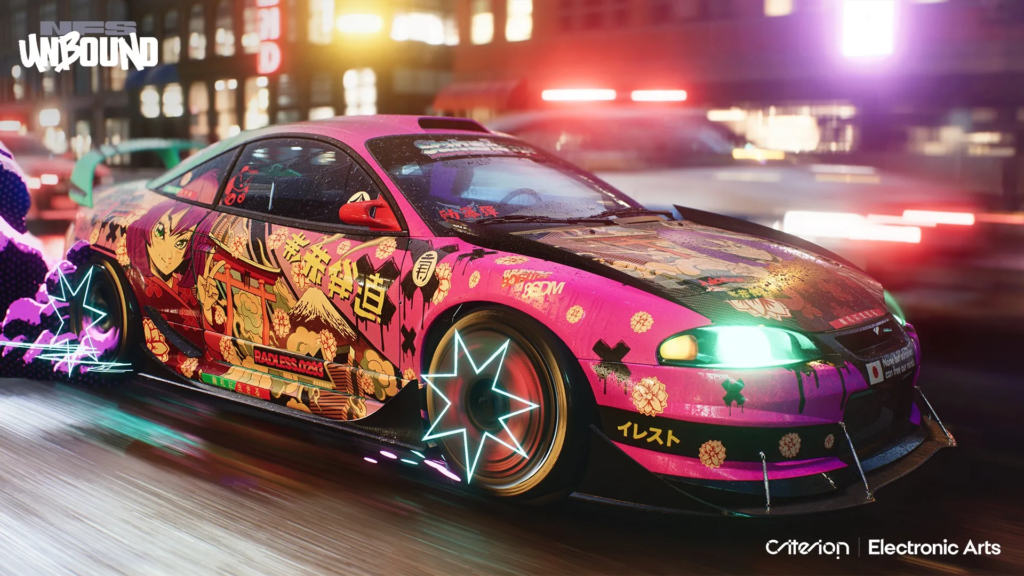 Pink anime-liveried car racing in Need for Speed Unbound