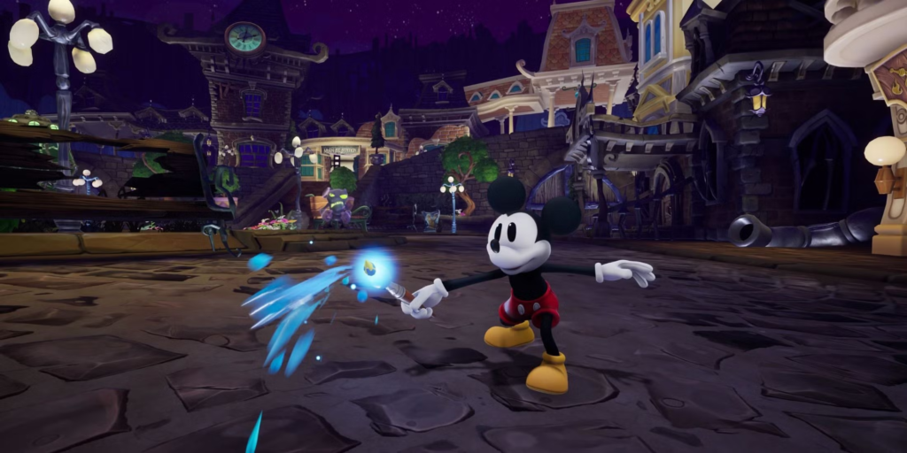 Mickey Mouse casts magic in dark town square