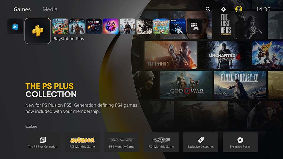 PlayStation 5 home screen showing PS Plus Collection games